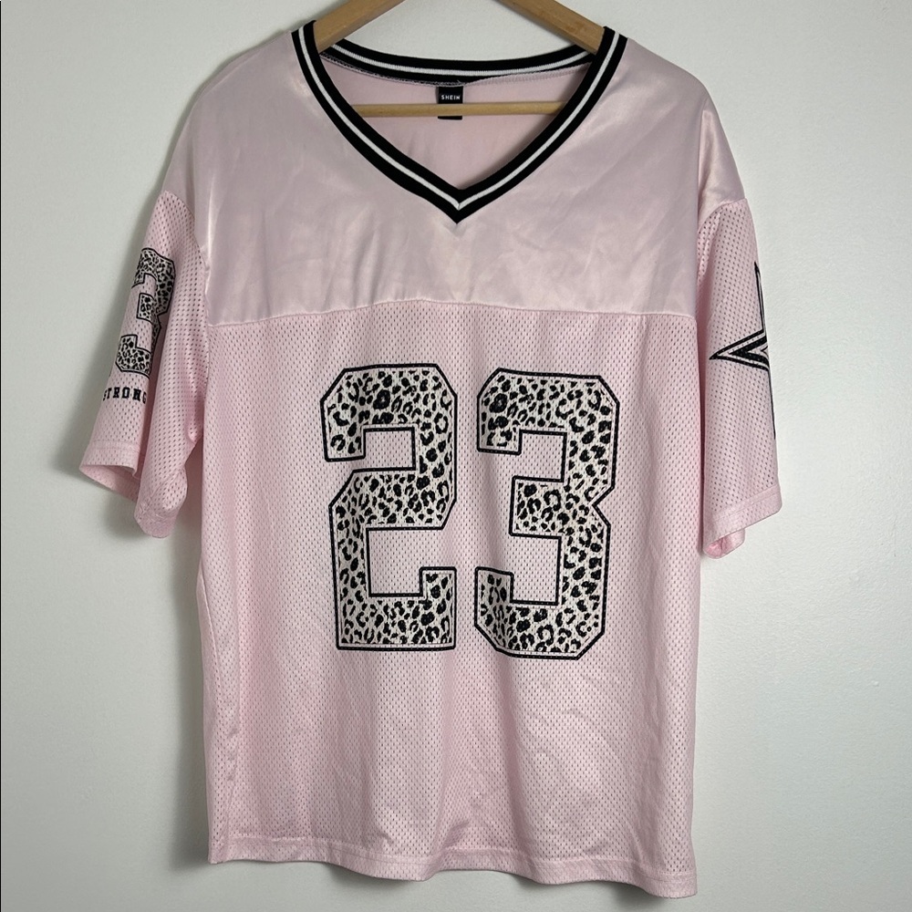 SHEIN Pink Mesh Leopard Print 23 Womens Jersey Top XS shirt
